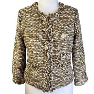 CAbi Golden Brown and Cream Tweed Blazer with Fringe Size M
